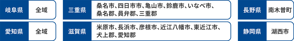 岐阜県全域、愛知県全域、三重県桑名市、四日市市、亀山市、鈴鹿市、いなべ市、桑名郡、員弁郡、三重郡、滋賀県米原市、長浜市、彦根市、近江八幡市、東近江市、犬上郡、愛知郡、長野県南木曾町、静岡県湖西市