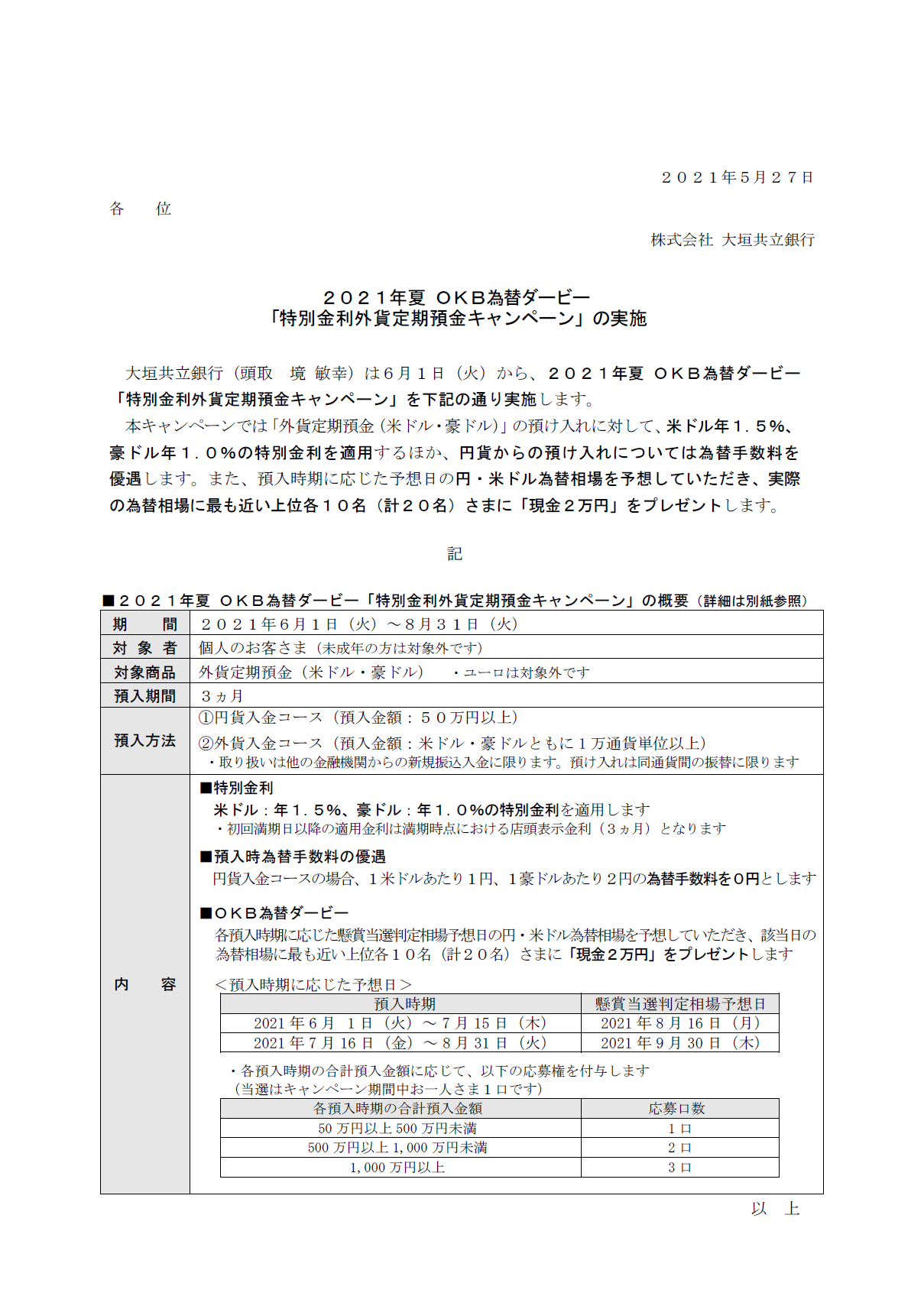 2021年夏 OKB為替ダービー「特別金利外貨定期預金キャンペーン」の実施 | アーカイブ | 大垣共立銀行