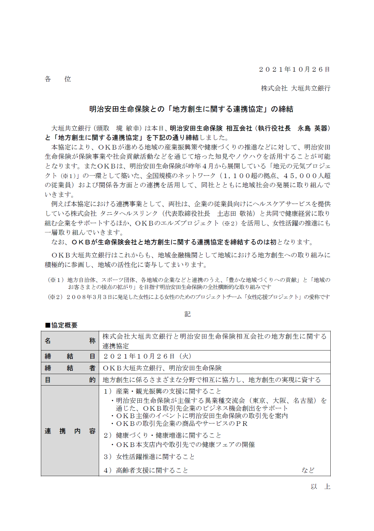 明治安田生命保険との 地方創生に関する連携協定 の締結 アーカイブ 大垣共立銀行