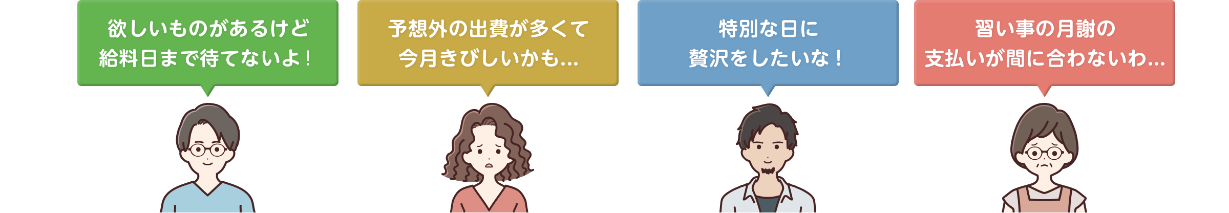 欲しいものがあるけど給料⽇まで待てないよ！予想外の出費が多くて今⽉きびしいかも...特別な⽇に贅沢をしたいな！習い事の⽉謝の⽀払いが間に合わないわ...